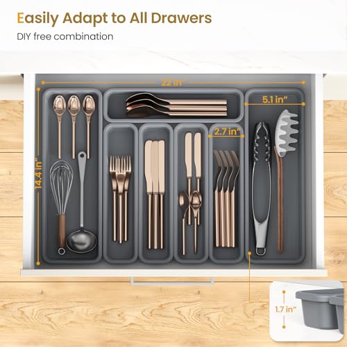 7 Pack Silicone Silverware Drawer Organizer - DIY Customizable, Heat-Resistant Up to 200°C, Anti-Slip, Moisture-Proof Kitchen Utensil Tray - Grey