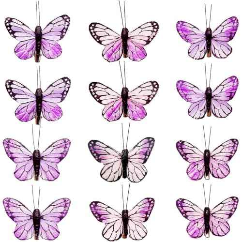 12Pack Artificial Feather Butterfly Christmas Decorations Pink Purple Bridal Butterfly Hair Clips Wedding Wall D?cor Tree Floral Bouquet Party Decor