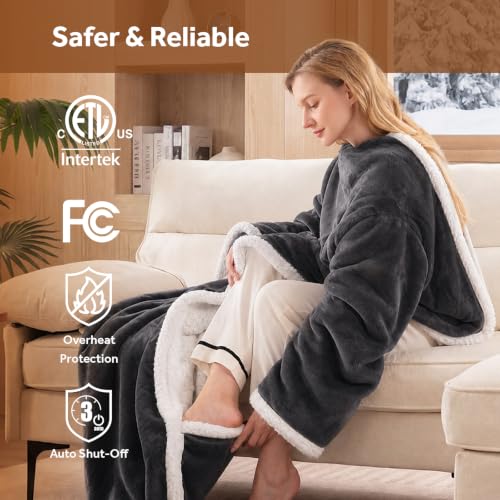 Westinghouse Wearable Heated Blanket with Foot Pocket & Sherpa, Grey 70x50"