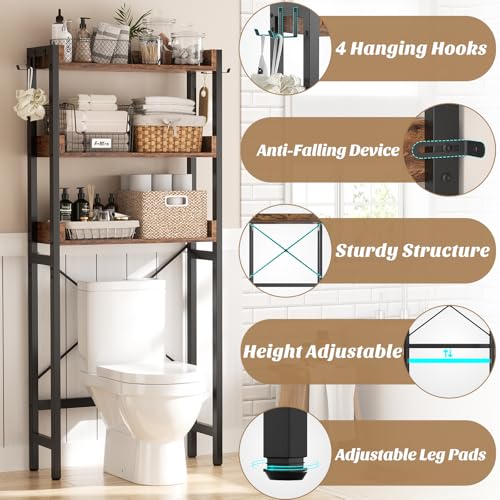 Ecoprsio Rustic Brown Over-The-Toilet Bathroom Storage Rack 3-Tier Organizer with Hooks
