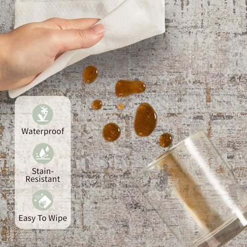 Washable 6x9 Beige Abstract Area Rug - Non-Slip Modern Living Room Decor