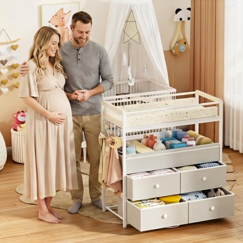 Baby Changing Table Dresser with Safety Bumpers & 4 Drawers - Stable Nursery Furniture