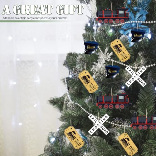 Oudain 12 Pcs Christmas Express Decor Train Ornaments - 4 Styles, Wooden Train Tickets, 2.76in - Variation: 12 / Train