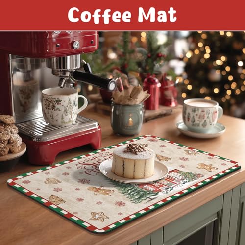 Yamaziot Christmas Dish Drying Mat, 12"x20" Small Coffee Mat Christmas Tree & Gingerbread Man Pattern, Non-Slip Kitchen Counter Mat for Coffee Bar Decor Accessories Espresso Machine Dish Rack Mat
