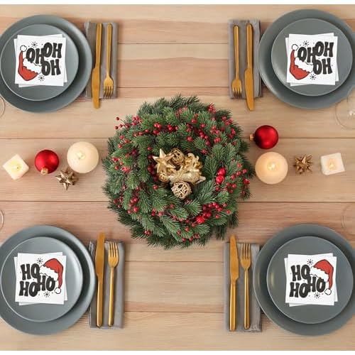 Gift Boutique - 100 Count Christmas Funny Cocktail Beverage Napkins Holiday Disposable Paper Napkin Ho Ho Ho Santa Hat Dessert Napkins for Home Dinner Buffet Xmas, Tableware Party Supplies Decorations