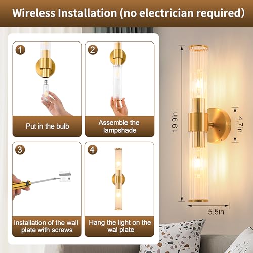 Gold Battery Operated Wall Sconces Set of Two Dimmable Rechargeable Lighting with Remote