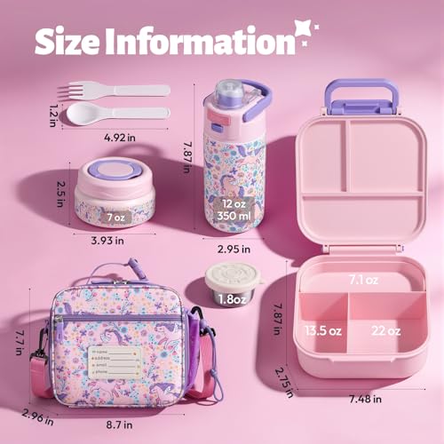 Itslife Pink Kids Bento Lunch Box Set with Insulated Thermos & Water Bottle