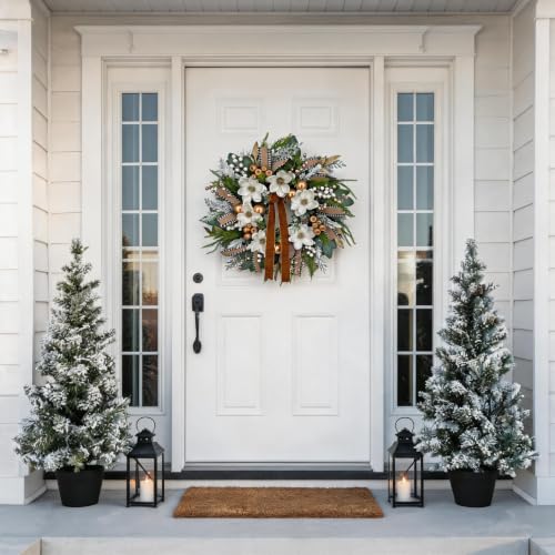 24-Inch Farmhouse Christmas Wreath with Magnolia & Pine | Buffalo Check Ribbon