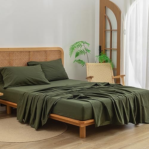 Queen Size Washed Cotton Linen Feel Sheet Set - Olive Green, 4 Pieces