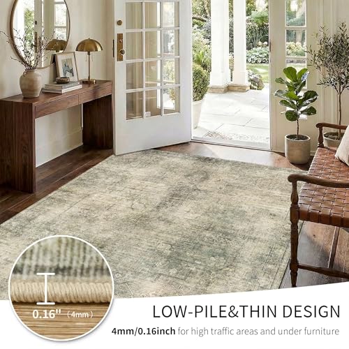 Green Washable Area Rug 6x9 Vintage Bohemian Style for Living Room & Bedroom - Green Beige Variation