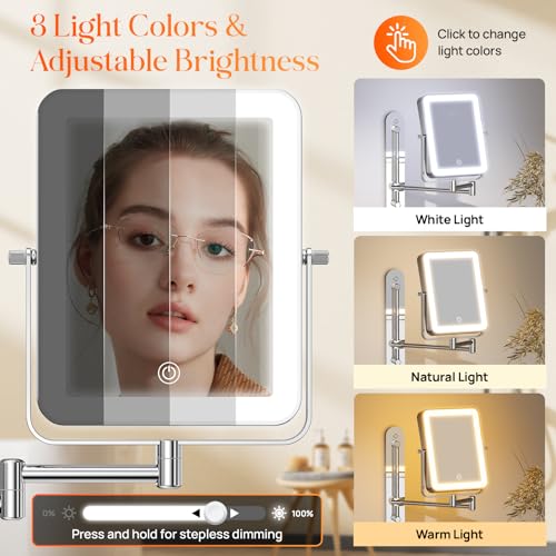Height Adjustable Wall Mounted Makeup Mirror with LED Lights & Hooks
