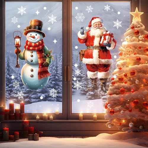 LOKIPA Large Christmas Window Clings, 2 Sheets Extra Large Santa Claus Snowman Window Clings Stickers with Snowflakes for Christmas Decorations