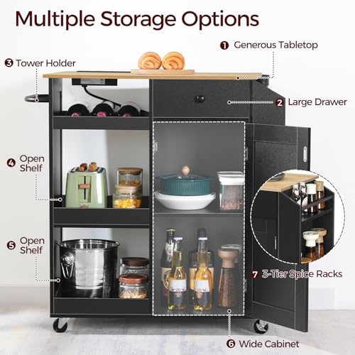 Kitchen Island Cart with Power Outlet and Storage - Black & Natural Finish