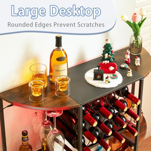 JKsmart Rustic Brown Wine Bar Cart with LED Lights, 3-Tier Storage and Glass Holder