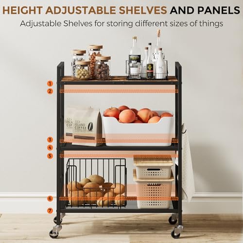 Brown 3-Tier Metal Storage Rack with Wheels & Wooden Top, Adjustable Shelves, 23.6W