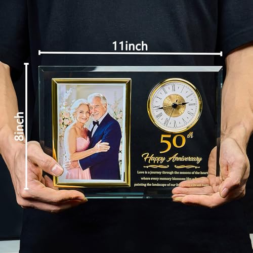 50th Wedding Anniversary Keepsake Crystal Photo Frame with Clock - Golden Gift for Couples, Parents, Grandparents - Holds 4x6 Photo
