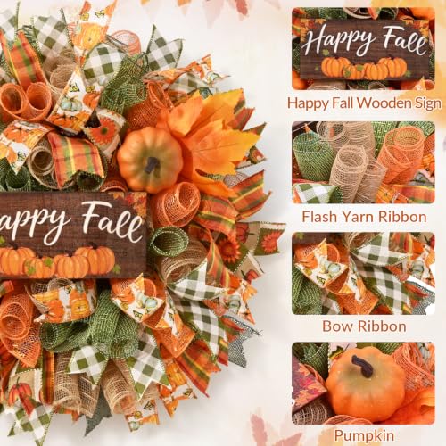 Autumn Fall Wreath for Front Door 20-Inch Mesh Bow with Wood Sign - Orange Green Variation