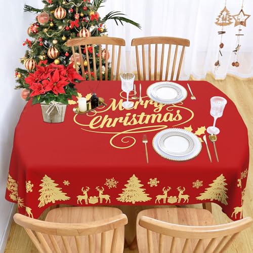 Faptoena Christmas Deer Oval Tablecloth 54x72 Inch Red with Gold Accent