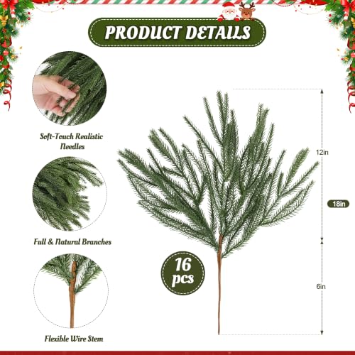 16 Pcs Artificial Norfolk Pine Stems, 18 Inch Christmas Greenery For