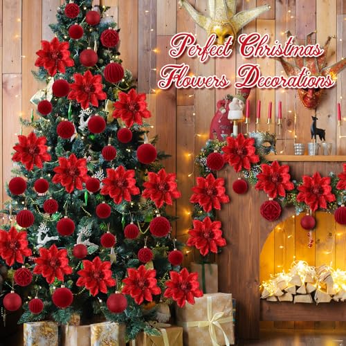 Yuxung 48 Pcs Christmas Tree Decoration Set Red with Glitter Flowers & Velvet Balls