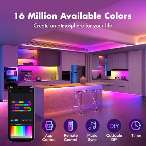 50FT Smart RGB LED Strip Lights with Voice Control & Music Sync - WiFi App Compatible