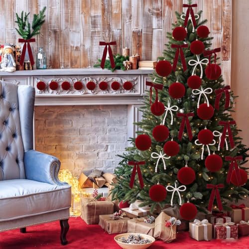 Hanmere 24 PCS Burgundy Velvet Christmas Ornaments with Bows - 12 Balls + 12 Bows (Variation: Burgundy1)