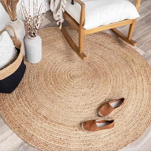 Natural Jute Braided Round Area Rug - 5 Feet Farmhouse Woven Rug