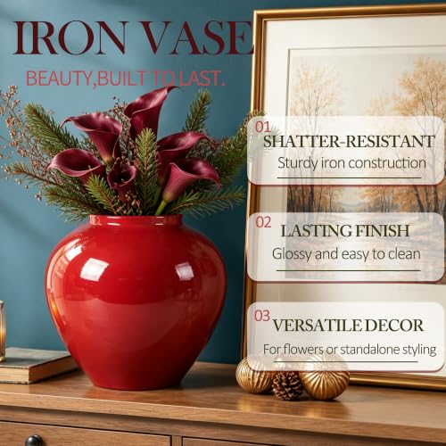FZBCTLDZ Christmas Red 11-Inch Ceramic Look Iron Vase with Glossy Finish