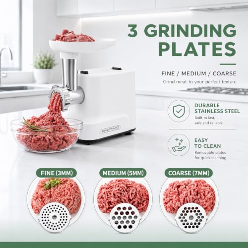 CHEFFANO White 300W Electric Meat Grinder 2500W Max with Sausage & Kubbe Kit