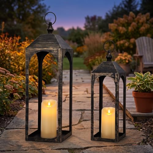 Large Decorative Lanterns Set of 2 Outdoor Indoor Bronze - Weather-Resistant Metal with LED Candles