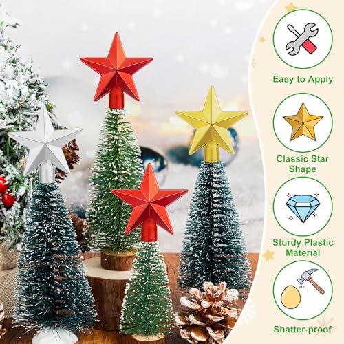 15Pcs Small Christmas Tree Topper, Mini Tree Topper Stars, 2.36 Inch Christmas Red Gold Silver Star Trees Top for Xmas Holiday Trees Ornament Home Decor