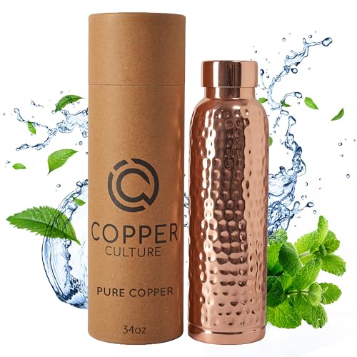 Hammered Copper Water Bottle 34 oz - Leak-Proof with Lid for Yoga, Gym, Travel