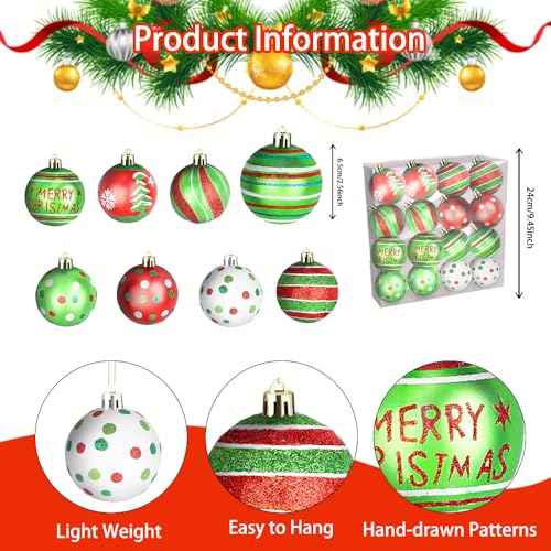 CAVETEE 16 PCS 2.6 Inch Christmas Ball Ornaments, Glittering Elf Balls Red Green Plastic Christmas for Grinch Christmas Tree Ornaments Party Decorations (16, Green&Red)