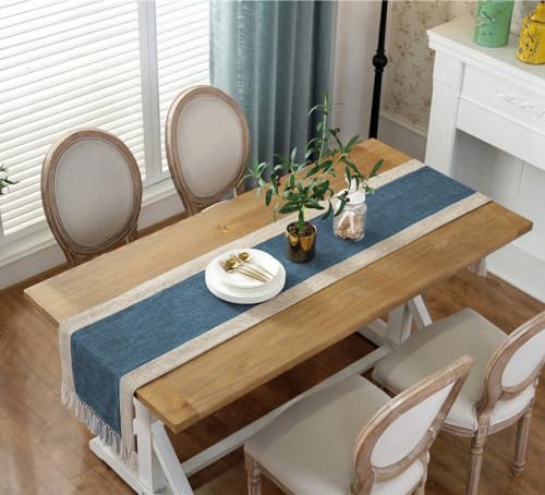 HomeyHo Rustic Blue Table Runner 15 x 108 Inches Fringe & Durable Polyester