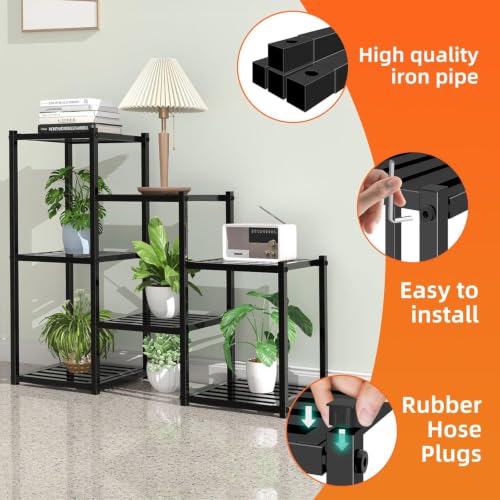 Heavy Duty 7-Tier Indoor Outdoor Metal Plant Stand - Tall Multi-Pot Rack, Black