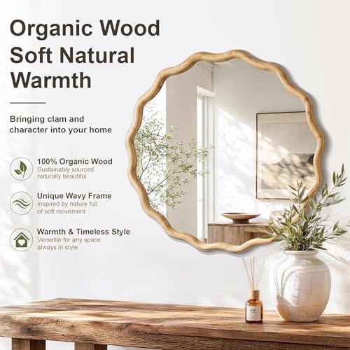 Natural Wood Wavy Circle Wall Mirror 24-inch Boho Round Decor - Variation of THIS listing