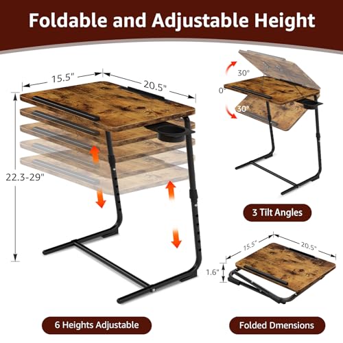 Rustic Folding TV Trays Set of 2 - Adjustable Height Wooden Couch Tables with Cup Holder