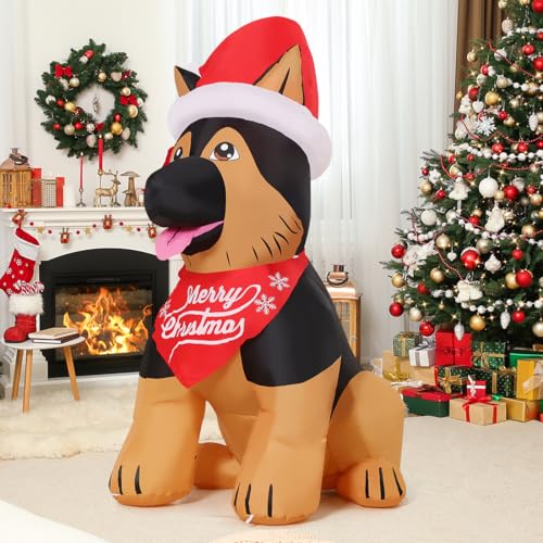 GOOSH 5 ft Christmas Inflatable German Shepherd with Santa Hat – LED Outdoor Yard Decor