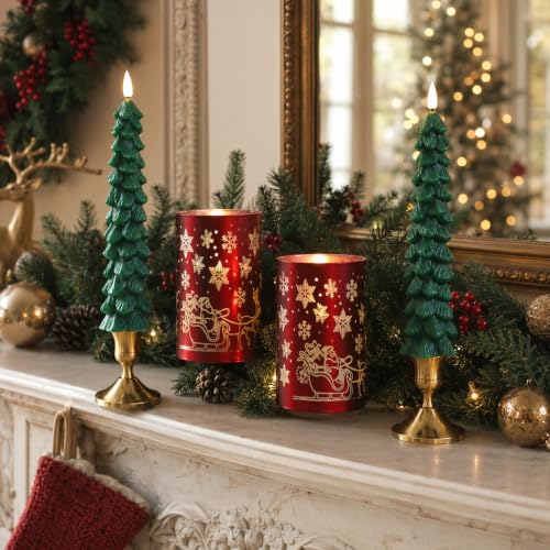 Lezonic Red & Green Flameless Christmas Candles with Remote - Battery Operated Set of 4, Lifelike Wax Xmas Decor