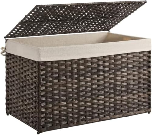 SONGMICS 160L Woven Storage Basket with Lid, Foldable, Brown