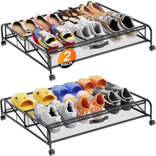 LeArex 2-Pack Under Bed Shoe Storage Organizers with Wheels, Space-Saving Closet Shoe Racks