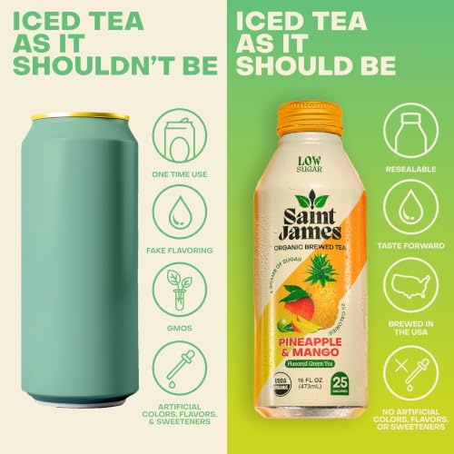 Organic Green Tea Variety Pack - Low Sugar, 16 Oz Bottles, 12 Pack - Includes Passionfruit, Peach & Pineapple Mango