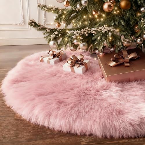 BSSN Upgraded Pink Faux Fur Christmas Tree Skirt - 60 Inch Plush Holiday Base Cover