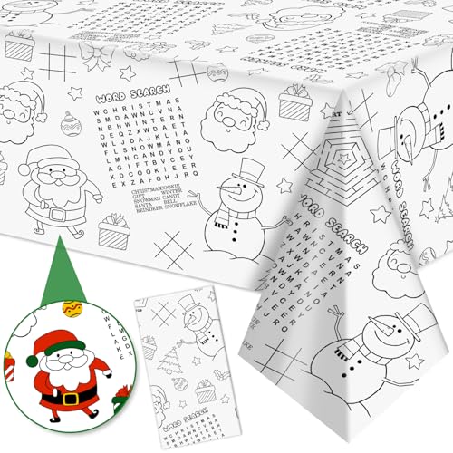 Labeol 1 Pack Christmas Tablecloth, Christmas Coloring Tablecloth for Kids, 54"x108" Giant Santa Claus Snowman Maze Color-in Paper Poster Table Cover for Winter Party Arts and Crafts