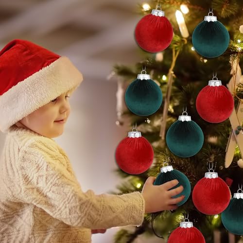 Afniimyapt 3.14 Inch Velvet Christmas Balls Set 16 Pcs Red & Green Holiday Ornaments
