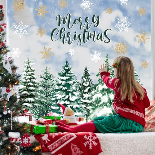 Whaline 6 Sheets Merry Christmas Window Clings Large Xmas Tree Gold Snowflake Snowy Forest Reusable Anti-Collision Windows Decals for Winter Holiday Home Glass Mirror Decor