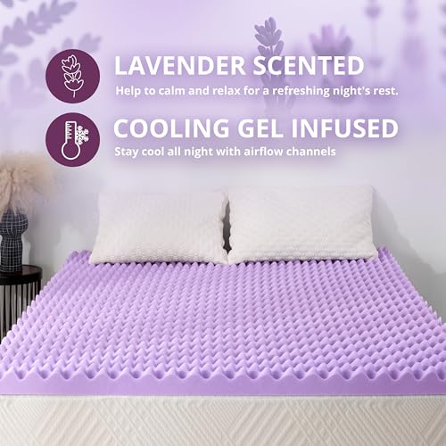 MLILY 4 Inch Purple Queen Memory Foam Mattress Topper with Cooling Gel Infusion & Lavender Scent