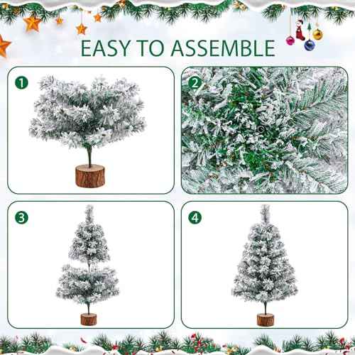 2Ft Artificial Christmas Tree Green Tabletop Christmas Tree with Snow Flocked Mini Xmas Pine Tree with Wooden Stand for Indoor Outdoor Holiday Home Decoration