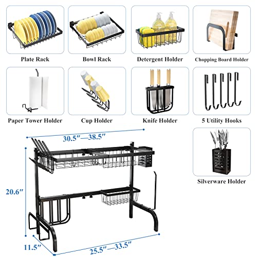 Over The Sink Dish Drying Rack Black - Adjustable 25.5-33.5 Inches, 2-Tier Kitchen Organizer