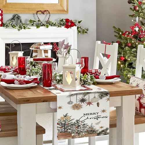 Xmas Trees Holly Pine Cone Merry Christmas Table Runner, Seasonal Winter Decoration for Home Kitchen Dining Holiday Decor 13x72 Inch
